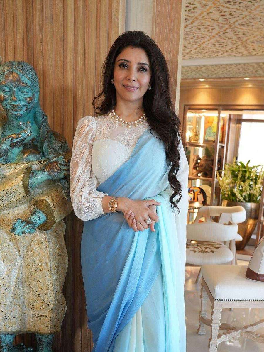 A blue ombré saree, photographed indoors